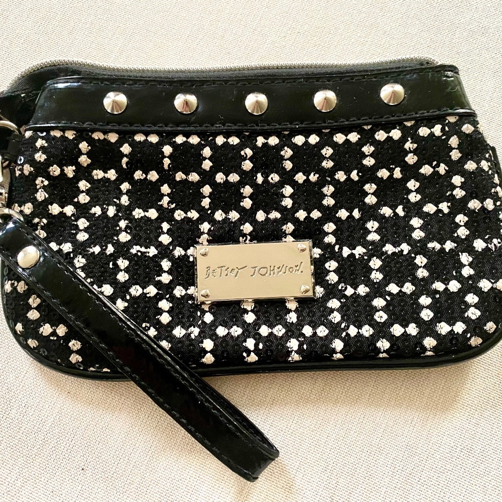 Betsey Johnson Black Wristlet with Silver Studs & Logo NWOT